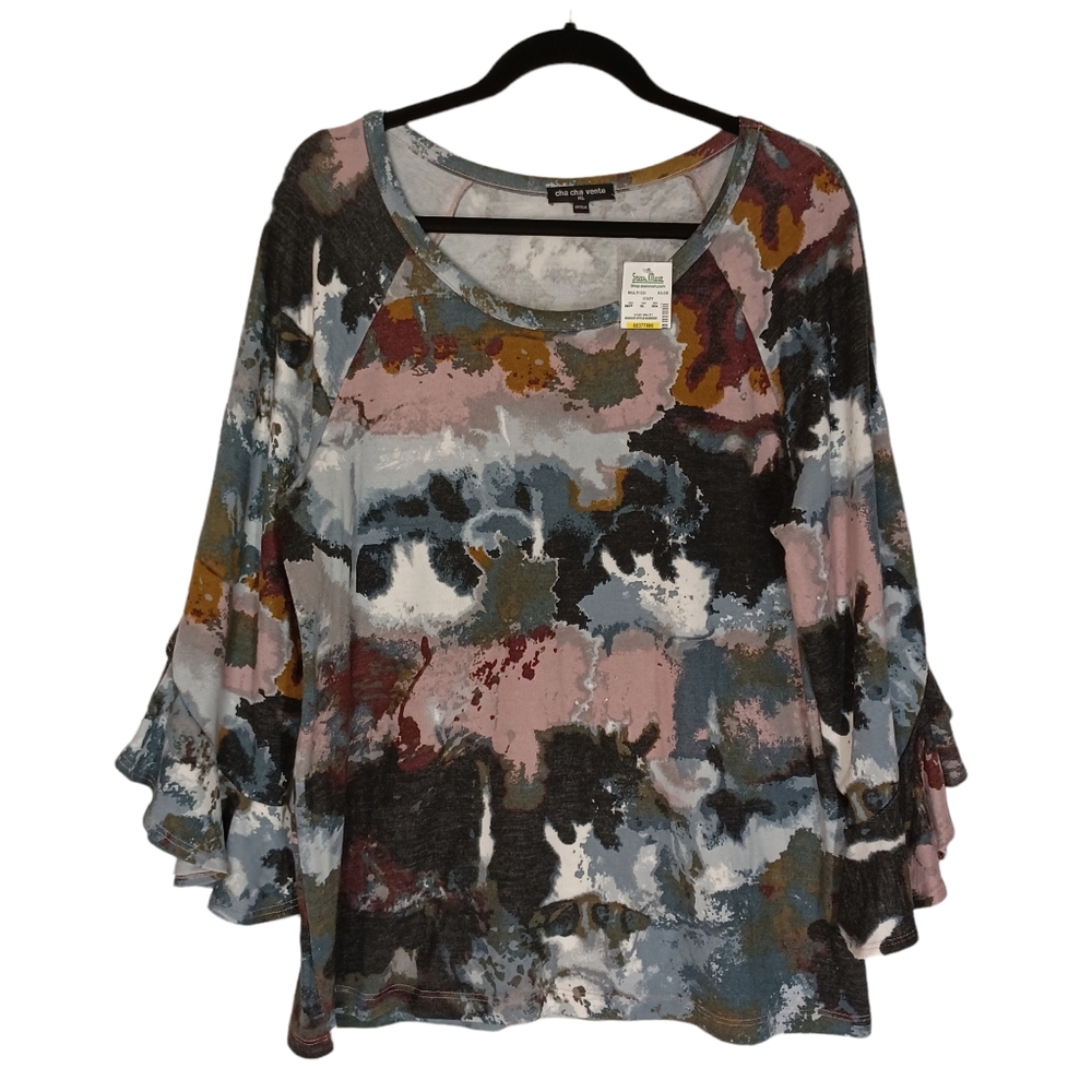 CHA CHA VENTE Colorful Pink Black Gray Tie Dye Ruffle 3/4 Sleeve Top XL NWT